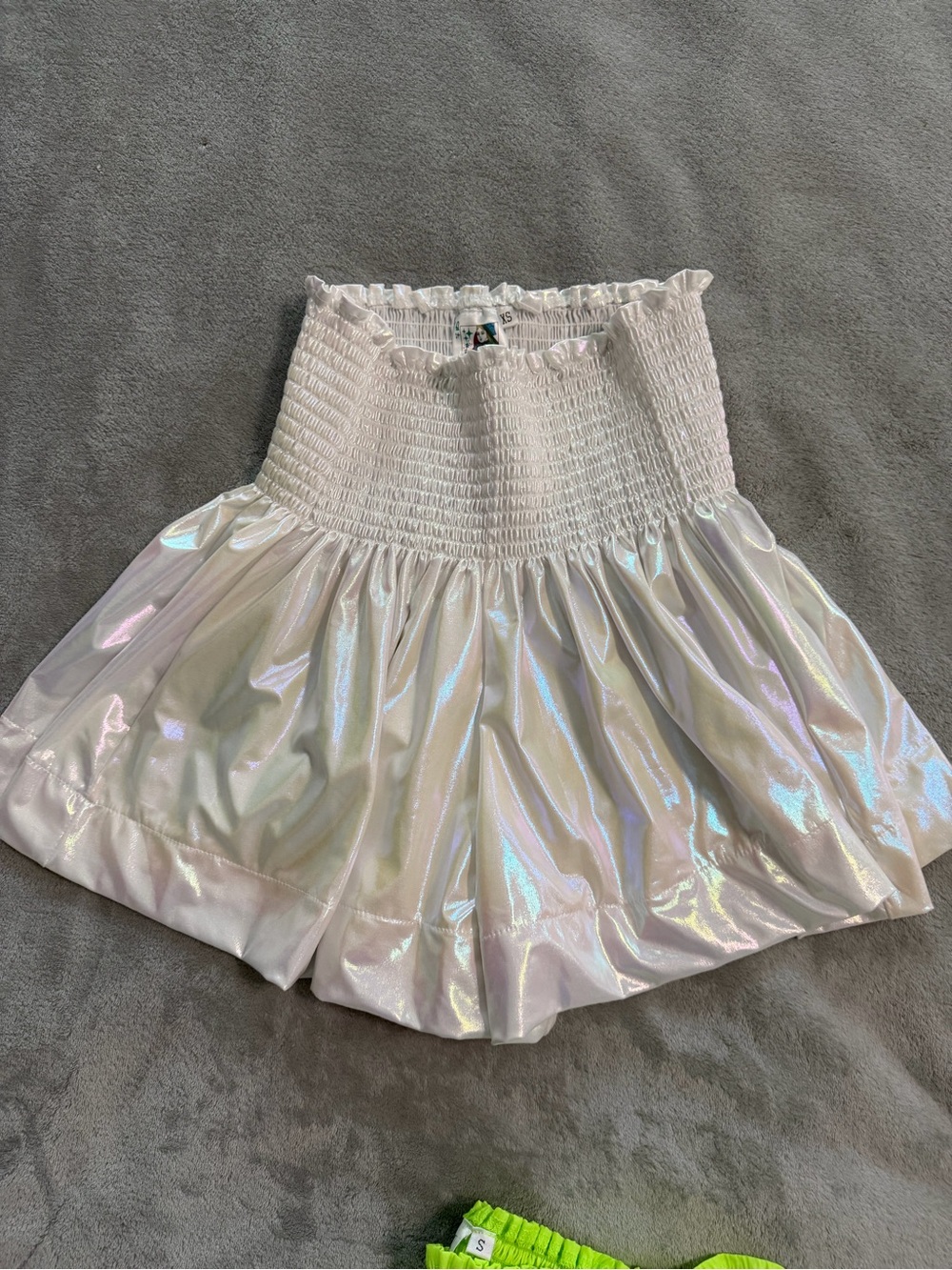 QUEEN OF SPARKLES Iridescent White Smocked Mini Shorts